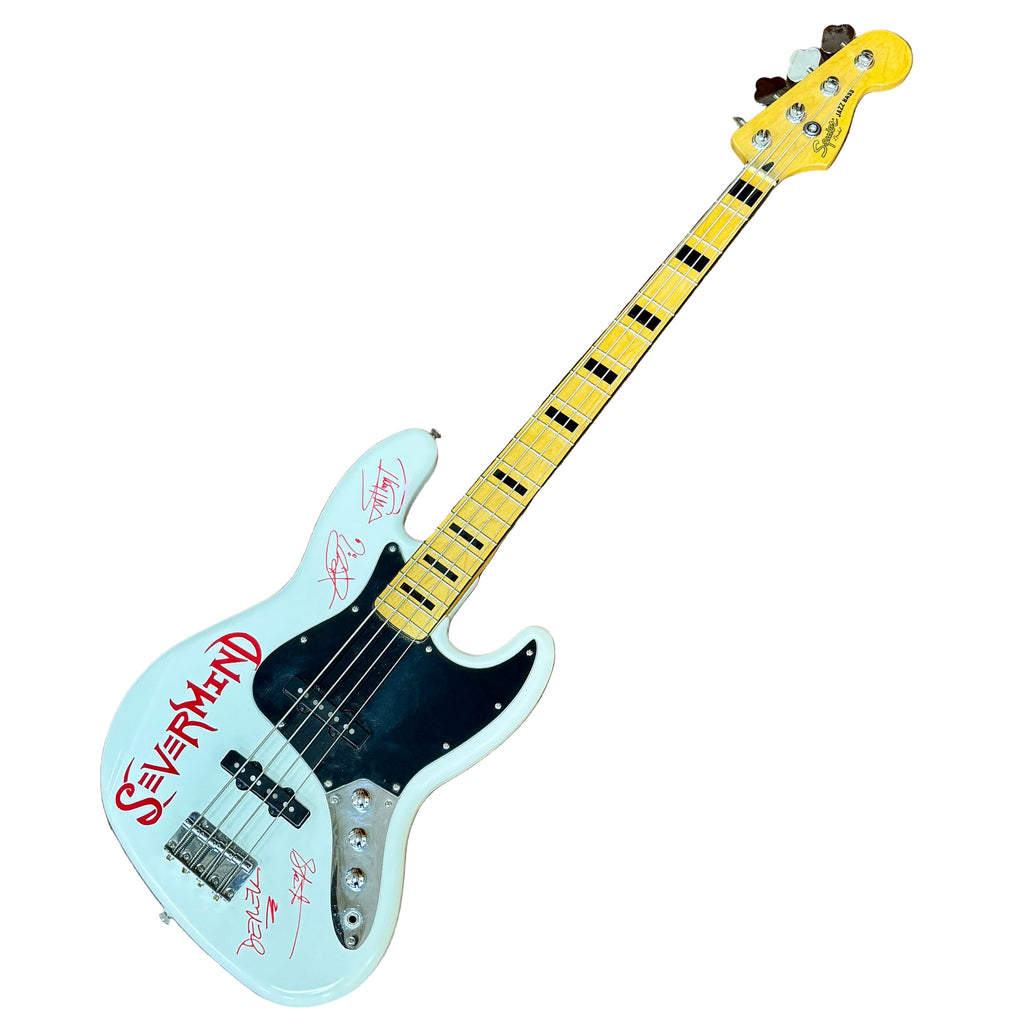 Fender Squier Jazz Bass Electric Bass Guitar w/ Hard Case White electric bass guitar with red text on a wooden floor