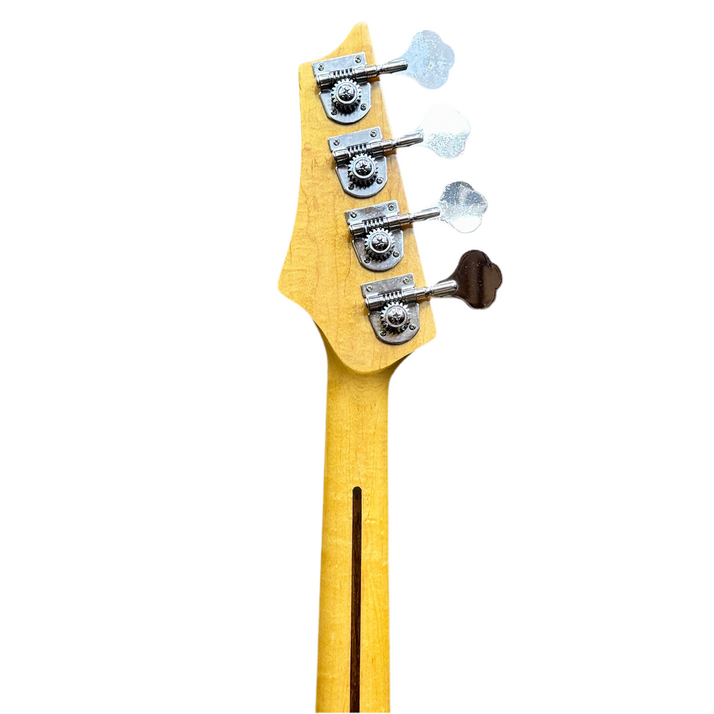 AXL Johnson Precision Bass Style Electric Bass Guitar Close-up of a yellow electric guitar neck with tuning pegs on a white background