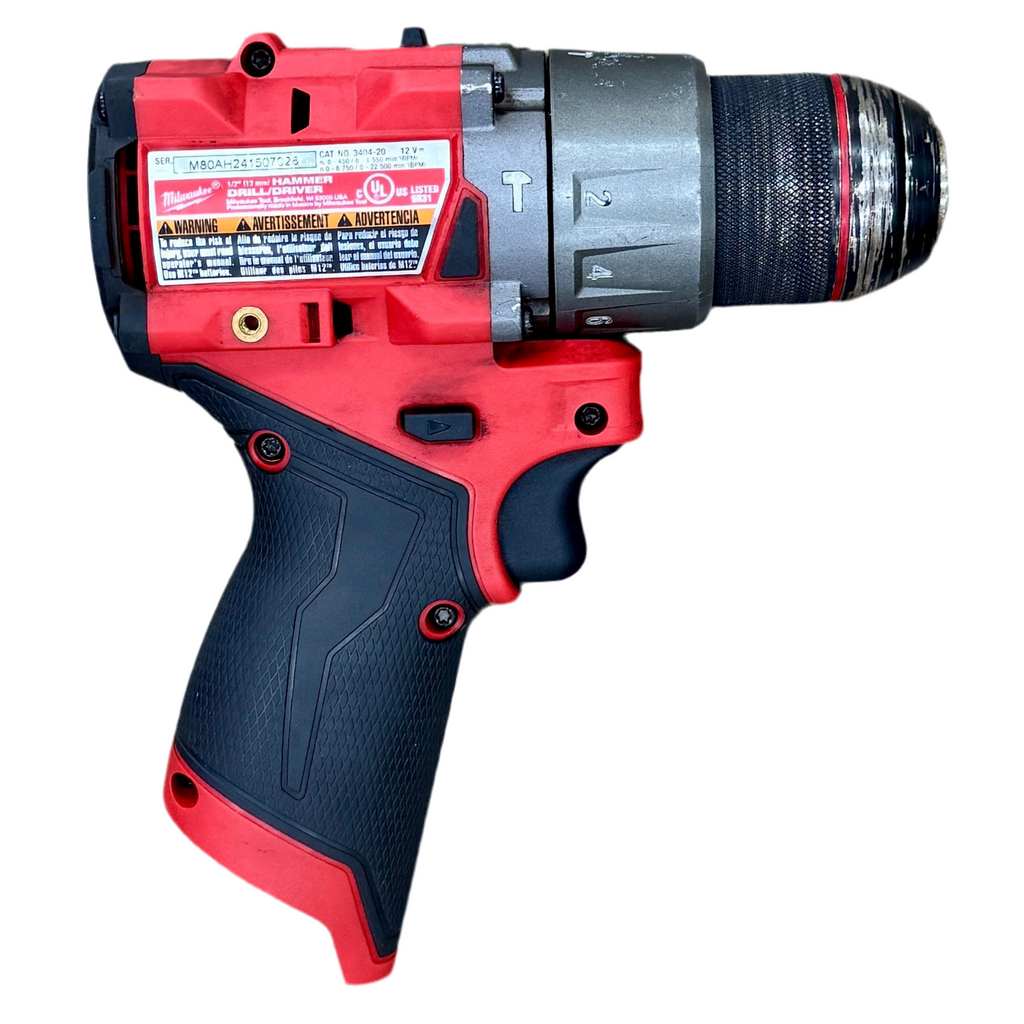 Milwaukee M12 FUEL 12V 1/2" Hammer Drill/Driver (3404-20) Red and black cordless drill on a white background