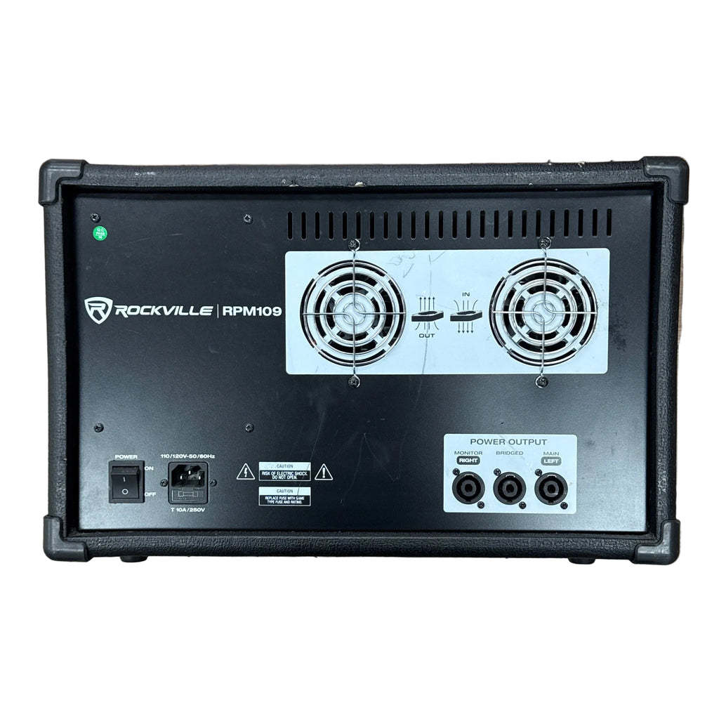 ROCKVILLE Audio RPM109 4800W 12-Channel Powered Mixer Back view of a Rockville RPM109 amplifier on a white background