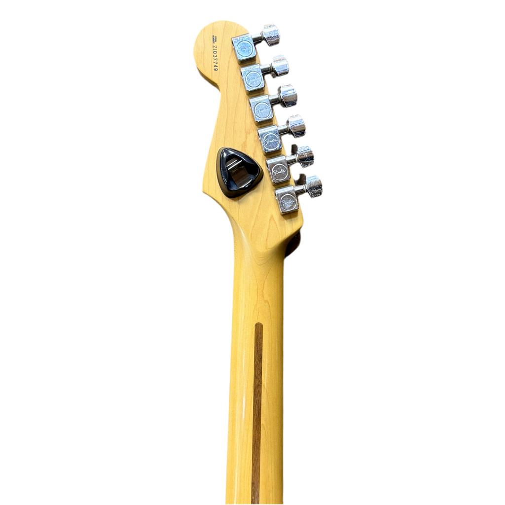 Fender American Stratocaster Electric Guitar headstock with tuning pegs on a white background