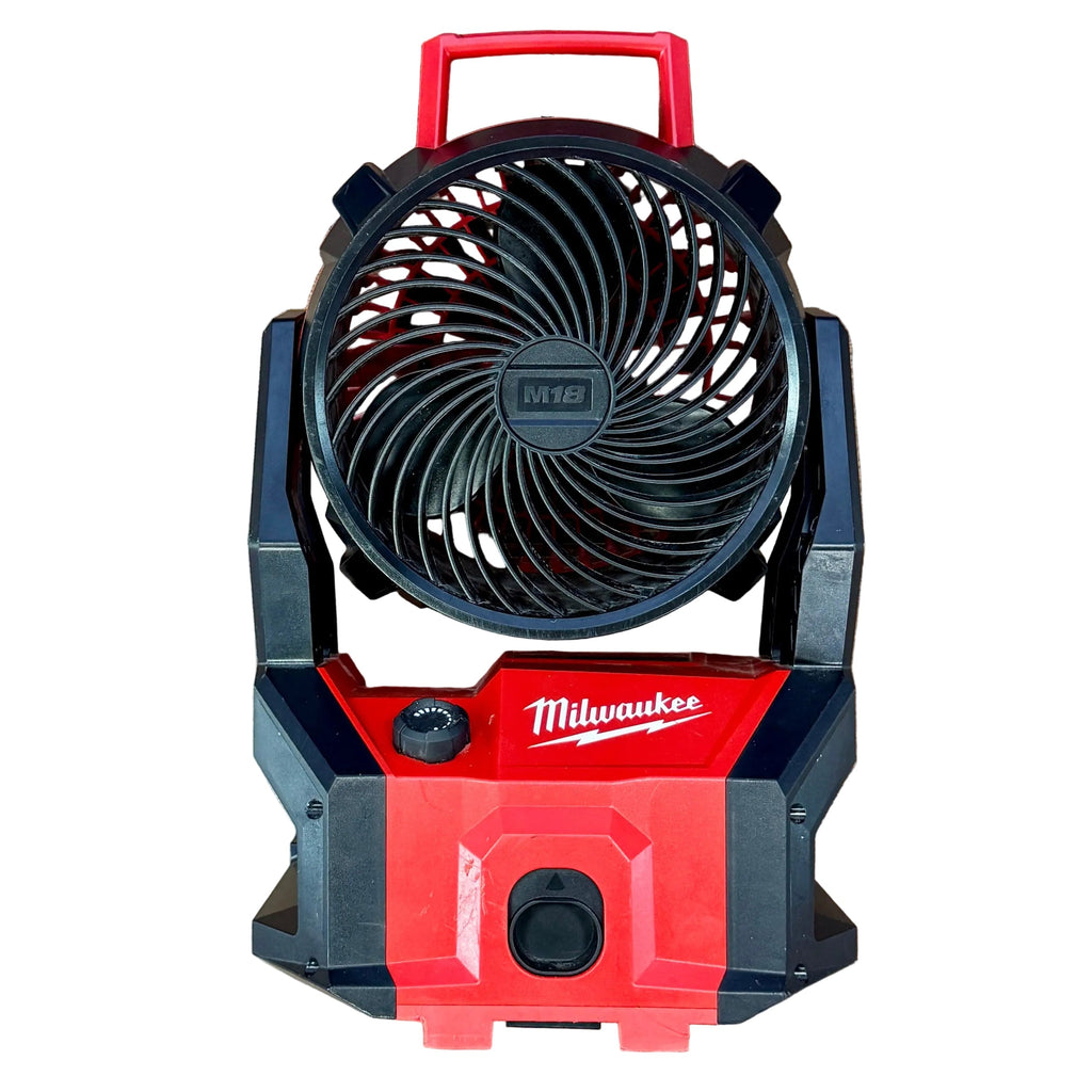 Milwaukee M18 18V 7" Brushless Cordless PACKOUT Fan (0818-20) Red and black Milwaukee fan on a wooden floor
