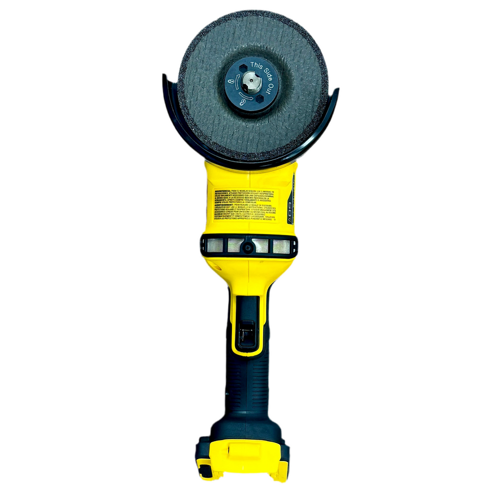 DeWalt FLEXVOLT 60V MAX 4-1/2" - 6" Brushless Cordless Grinder (DCG418) Yellow and black angle grinder with a sanding disc on a white background