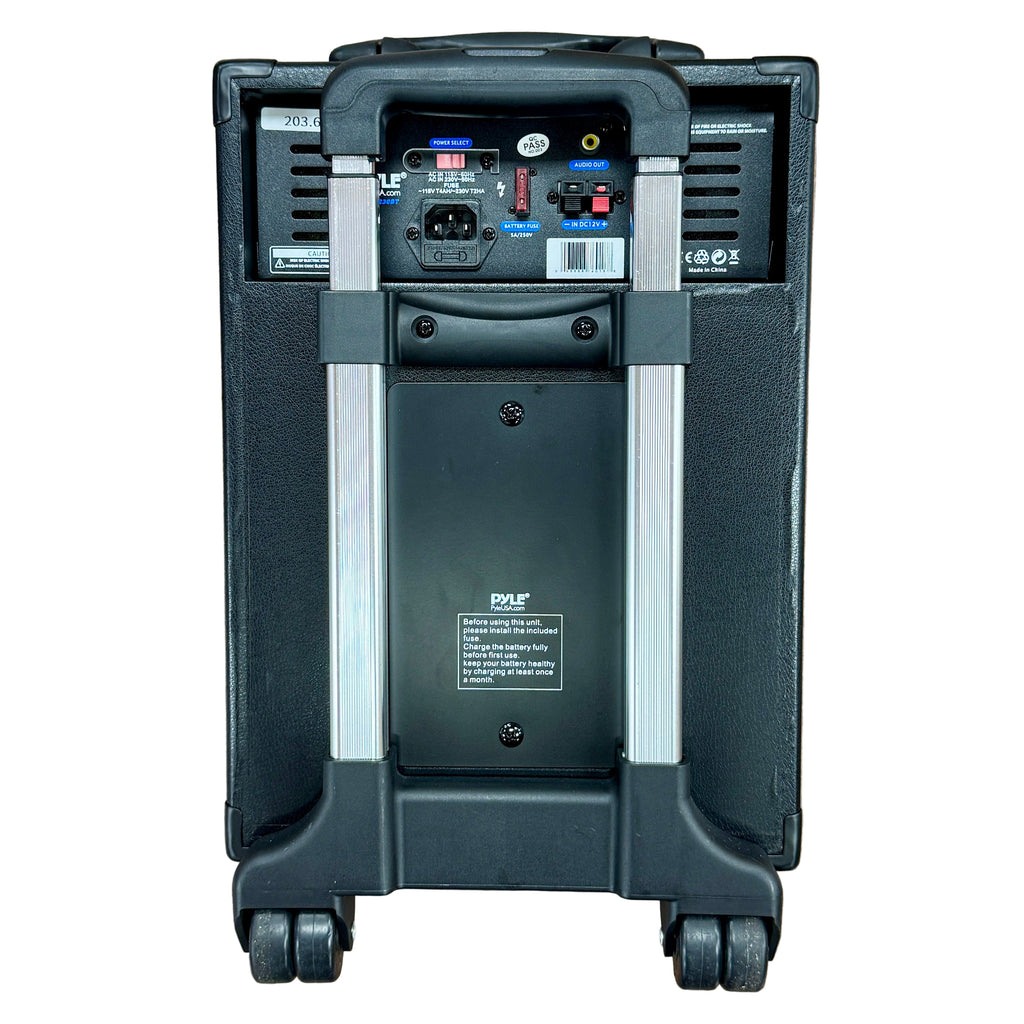 PYLE PWMA230BT Wireless Portable Bluetooth PA Speaker System Black portable speaker on a wooden floor