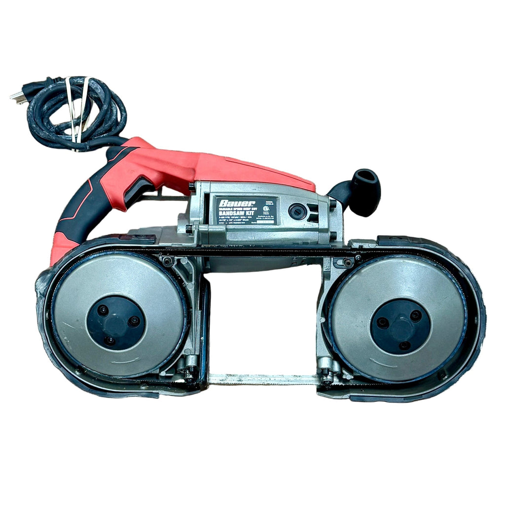 BAUER 10-Amp Corded Deep Cut Variable Speed Band Saw w/ Hard Case (1678E-B) Belt sander with red handle on a white background