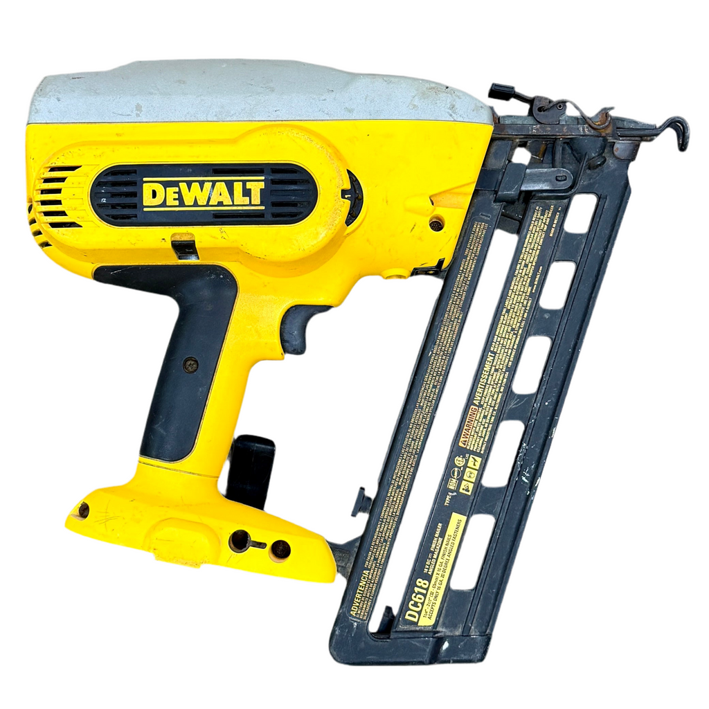 DeWalt 18V XRP 2-1/2" 16-Gauge 20-Degree Cordless Angled Finish Nailer w/ Battery (DC618) Yellow and black Dewalt nail gun with a side view on a white background