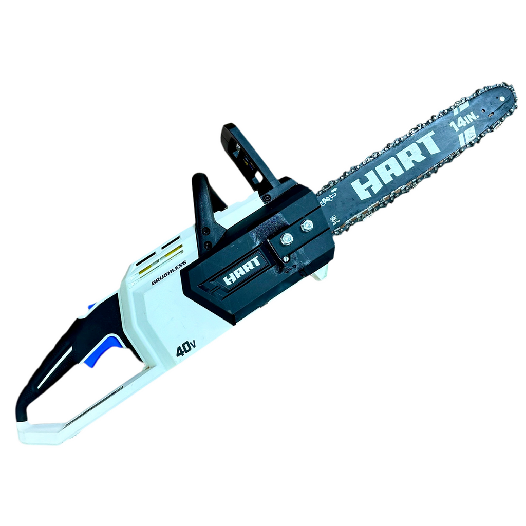 HART 40V 14" Guide Bar Cordless Brushless Chainsaw w/ Battery & Charger (HLCS01) Hart cordless chainsaw on a white background