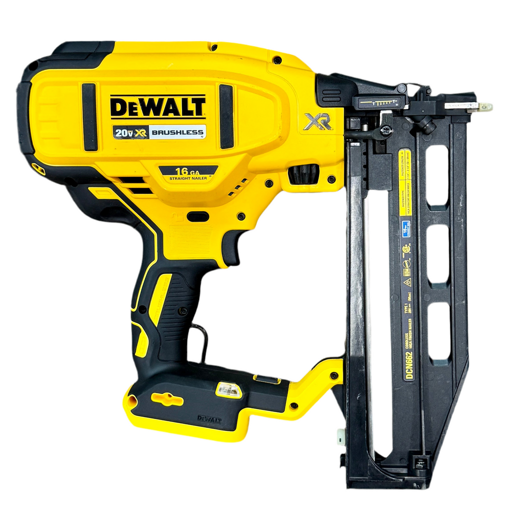 DeWalt 20V MAX XR 16-Gauge 2-1/2" Brushless Cordless Straight Finish Nailer w/ Battery & Charger (DCN662) DeWalt nail gun on a white background