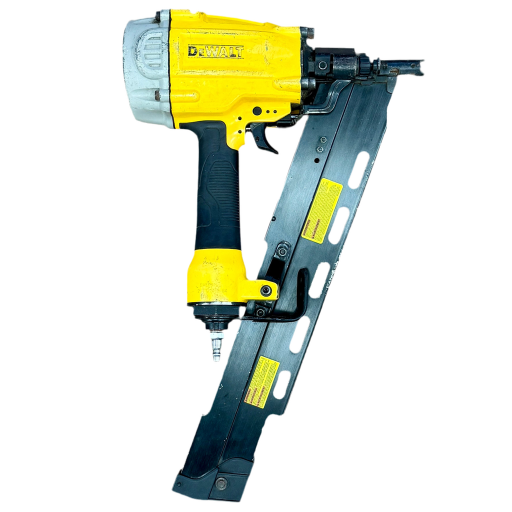 DeWalt 21-Degree Pneumatic Plastic Round Head Framing Nailer (DWF83PL) Yellow and black nail gun on a white background