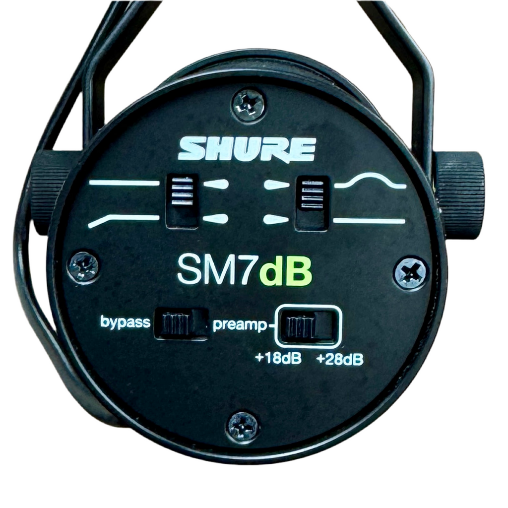 SHURE SM7dB Dynamic Vocal Microphone w/ Built-In Preamp Shure SM7dB microphone with control panel on a white background