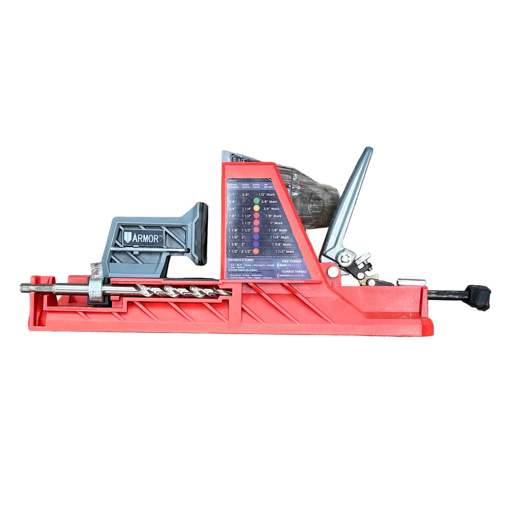 ARMOR TOOL Auto-Jig Auto-Adjust Pocket Hole Jig System (APJ1400) Red metal vise with various attachments on a white background