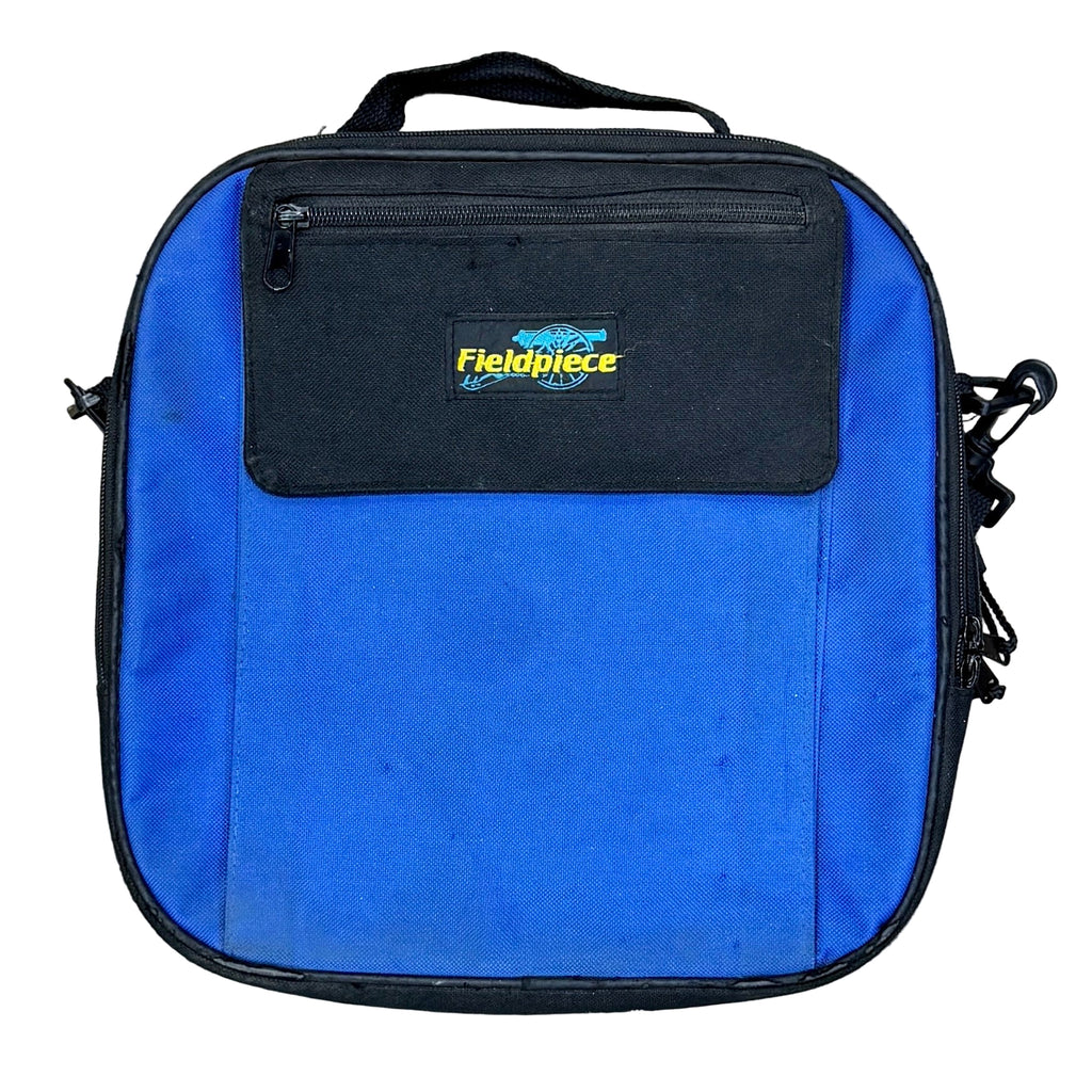 Fieldpiece Wireless Refrigerant Scale w/ Remote & Soft Case (SRS2) Blue carrying case with Fieldpiece logo on a wooden surface