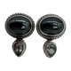 Sarda .925 Sterling Silver Hematite CZ Bezel Set Stud Earrings Pair of silver earrings with black gemstones on a white background