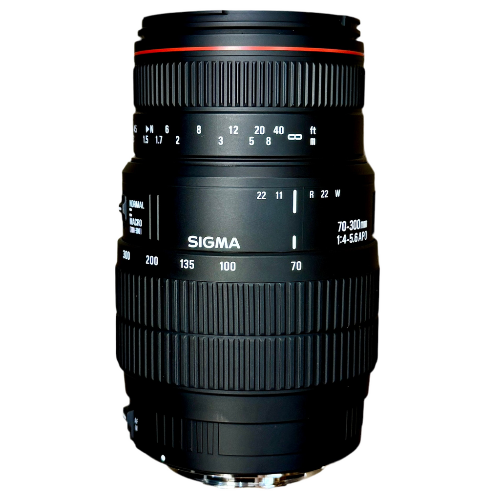 SIGMA 70-300mm f/4-5.6 APO Camera Lens w/ Caps & Case (Canon AF) Sigma camera lens on a white background