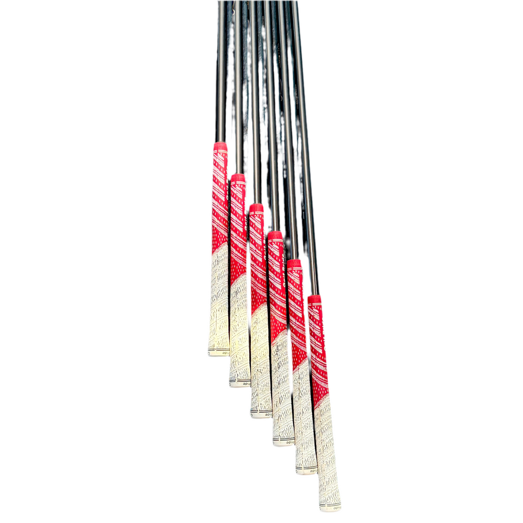 Titleist 710 AP2 6-Piece Iron Set RH Golf Clubs (5-9, P) Set of golf club shafts with red and white striped grips on a white background