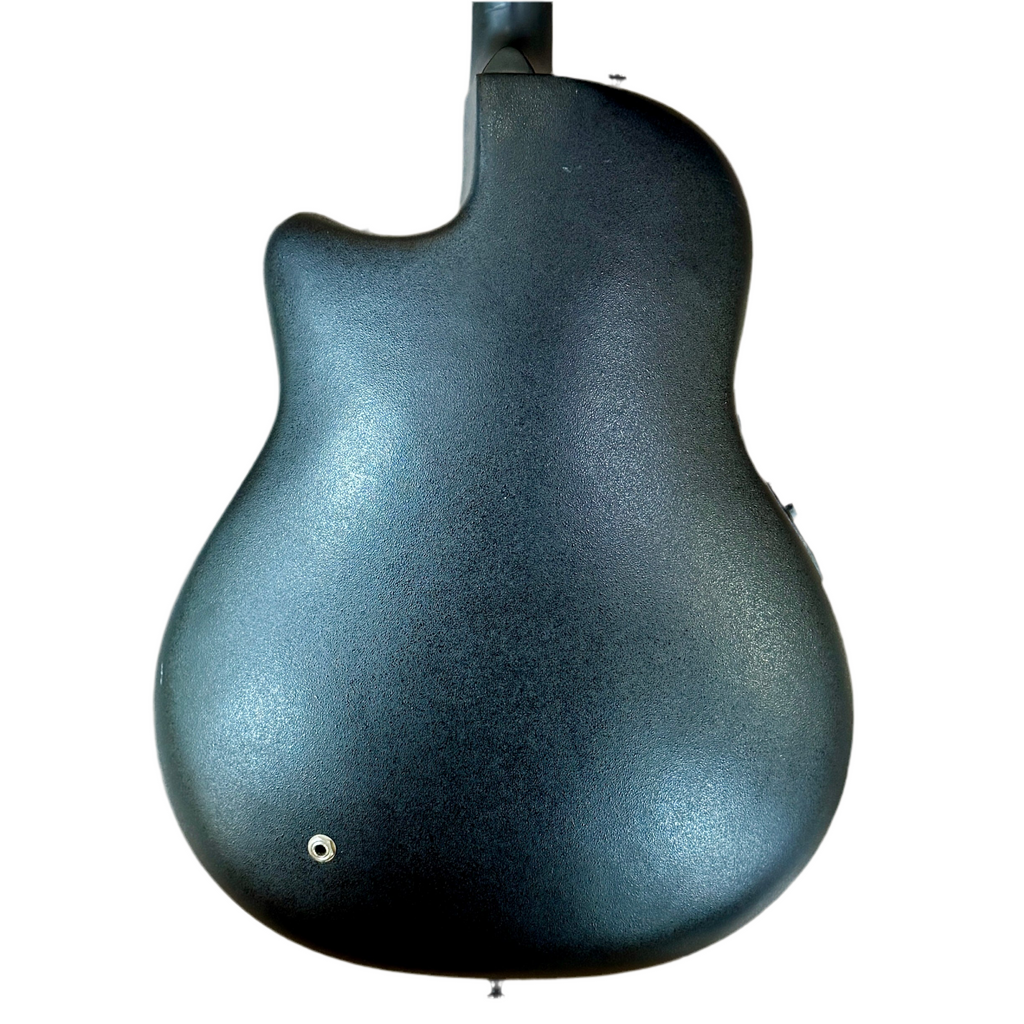 Ovation Celebrity CC24 Acoustic-Electric Guitar Back view of a metallic blue electric guitar on a white background
