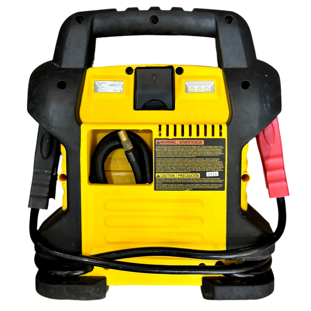 DeWalt 1600 Peak Amp Jump Starter w/ Digital Compressor & USB Power Bank (DXAEJ14) Yellow and black pressure washer with hose on a white background
