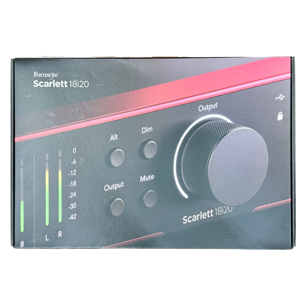 Focusrite Scarlett 18i20 USB Audio Interface - 4th Generation Focusrite Scarlett 18i20 audio interface packaging on a white background