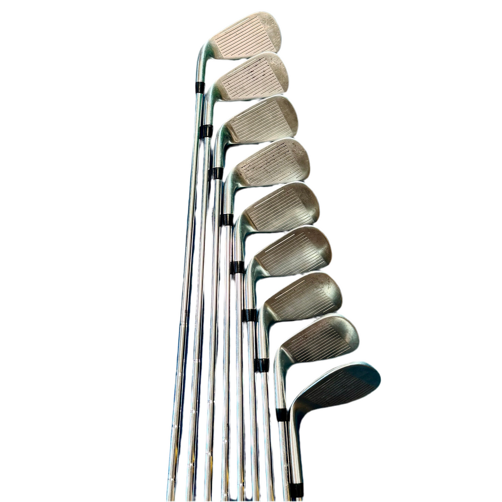 Cobra AMP MAX 8-Piece Iron Set (4-9, P, G) & XE1 WEDGE 65-Degree Wedge RH Golf Clubs Set of golf clubs on a white background