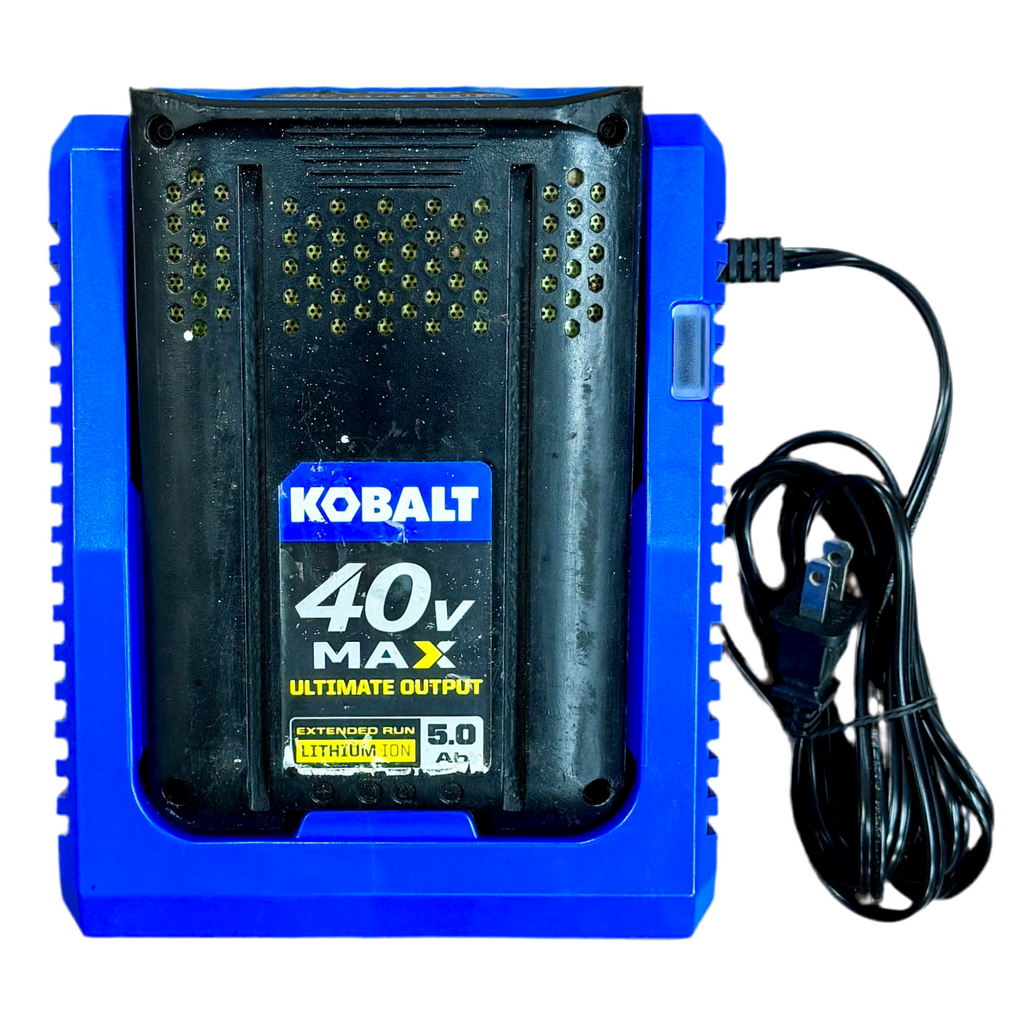 Kobalt Gen4 40V 14" Guide Bar Battery-Powered Chainsaw w/ Battery & Charger (KCS 1040B-03) Kobalt 40v MAX battery charger with cable on a white background