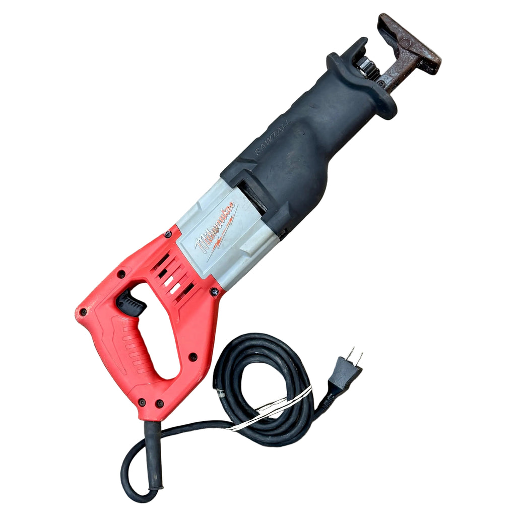 Milwaukee 12-Amp 1-1/8" Stroke Corded SAWZALL Reciprocating Saw w/ Hard Case (6519-30) Red and black reciprocating saw on a wooden floor