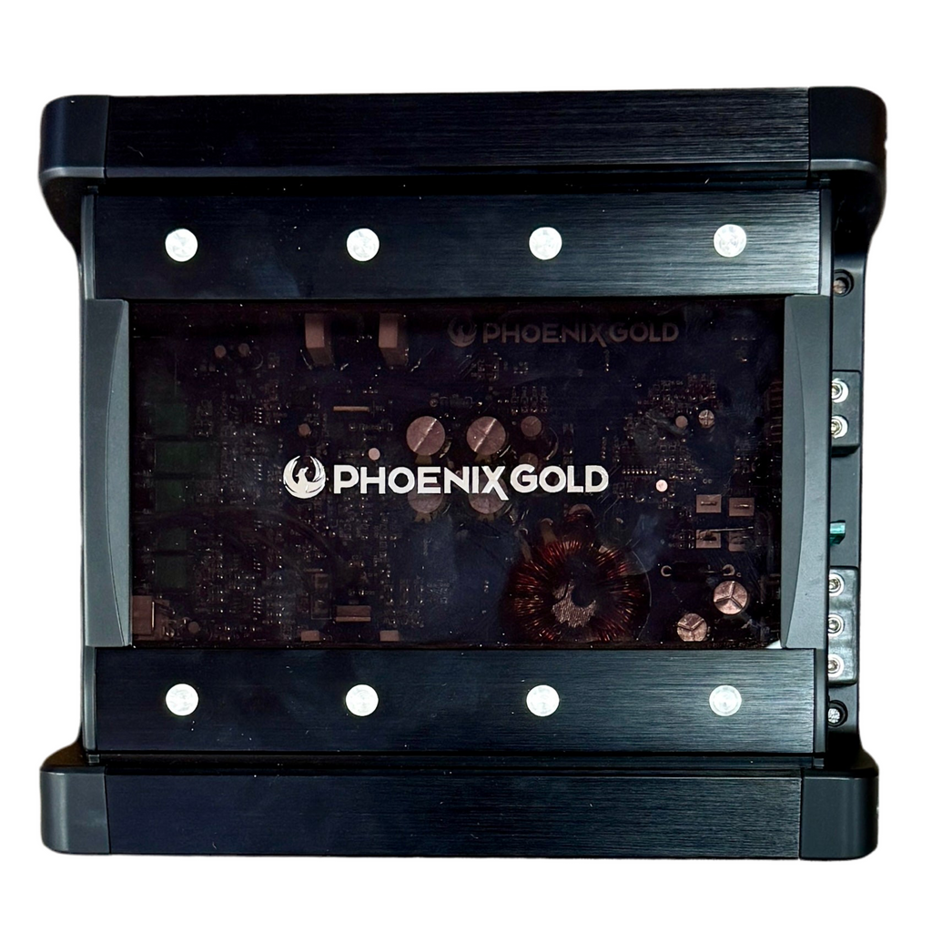 Phoenix Gold RX250.1 250 Watt Monoblock Class A/B Car Audio Amplifier Black electronic device with 'Phoenix Gold' branding on a white background