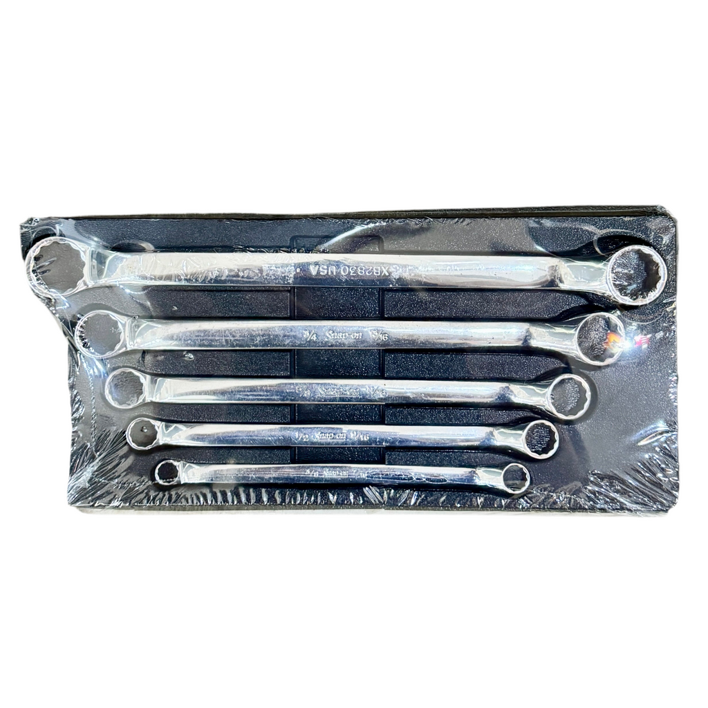 Snap-On XB 5-Piece 12-Point SAE Offset Box Wrench Set Set of five metallic wrenches in clear packaging on a white background