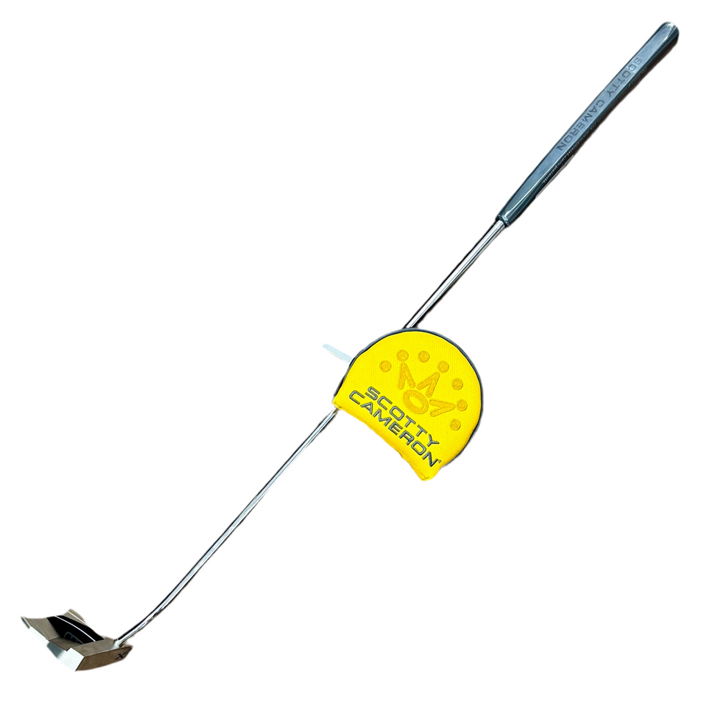 Titleist Scotty Cameron PHANTOM X 11.5 Mallet Putter RH Golf Club w/ Headcover Golf club with a yellow Scotty Cameron head cover on a white background