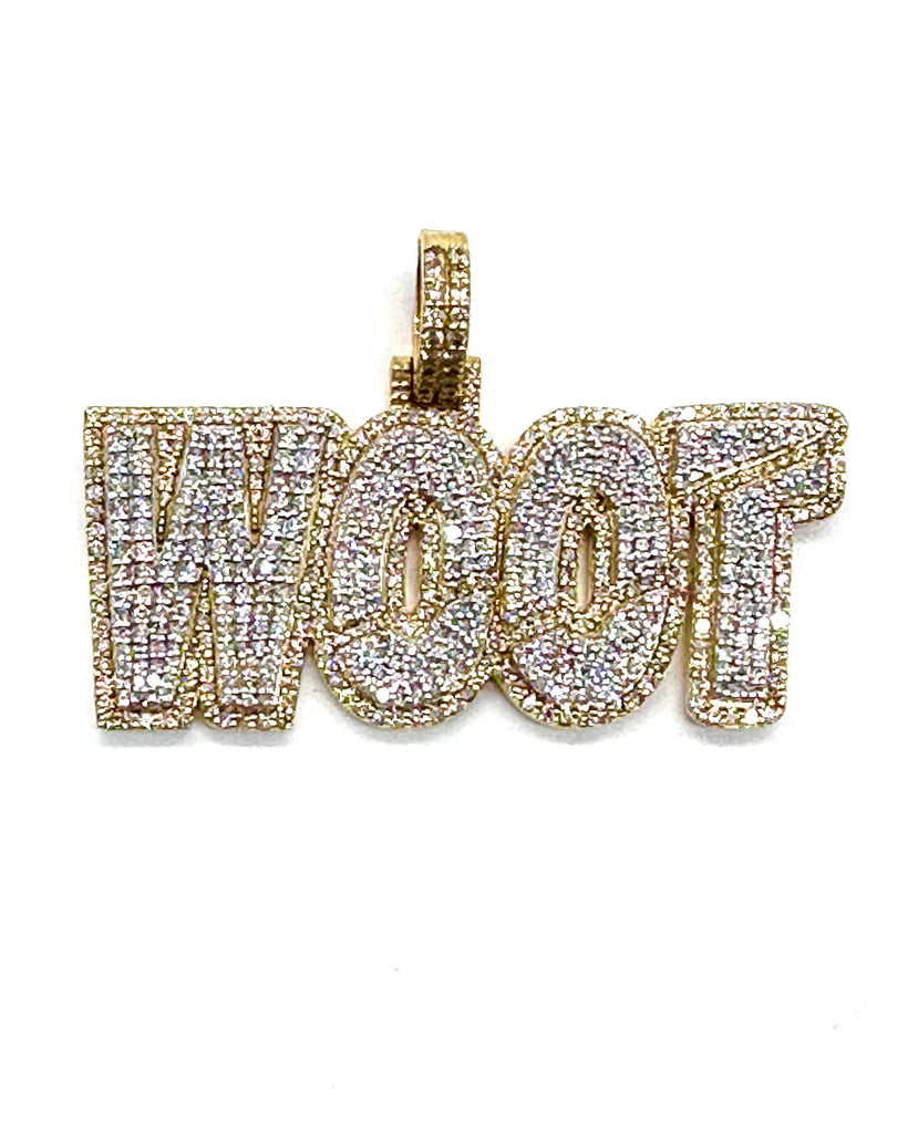 Gold and diamond-encrusted 'WOOT' pendant on a white background