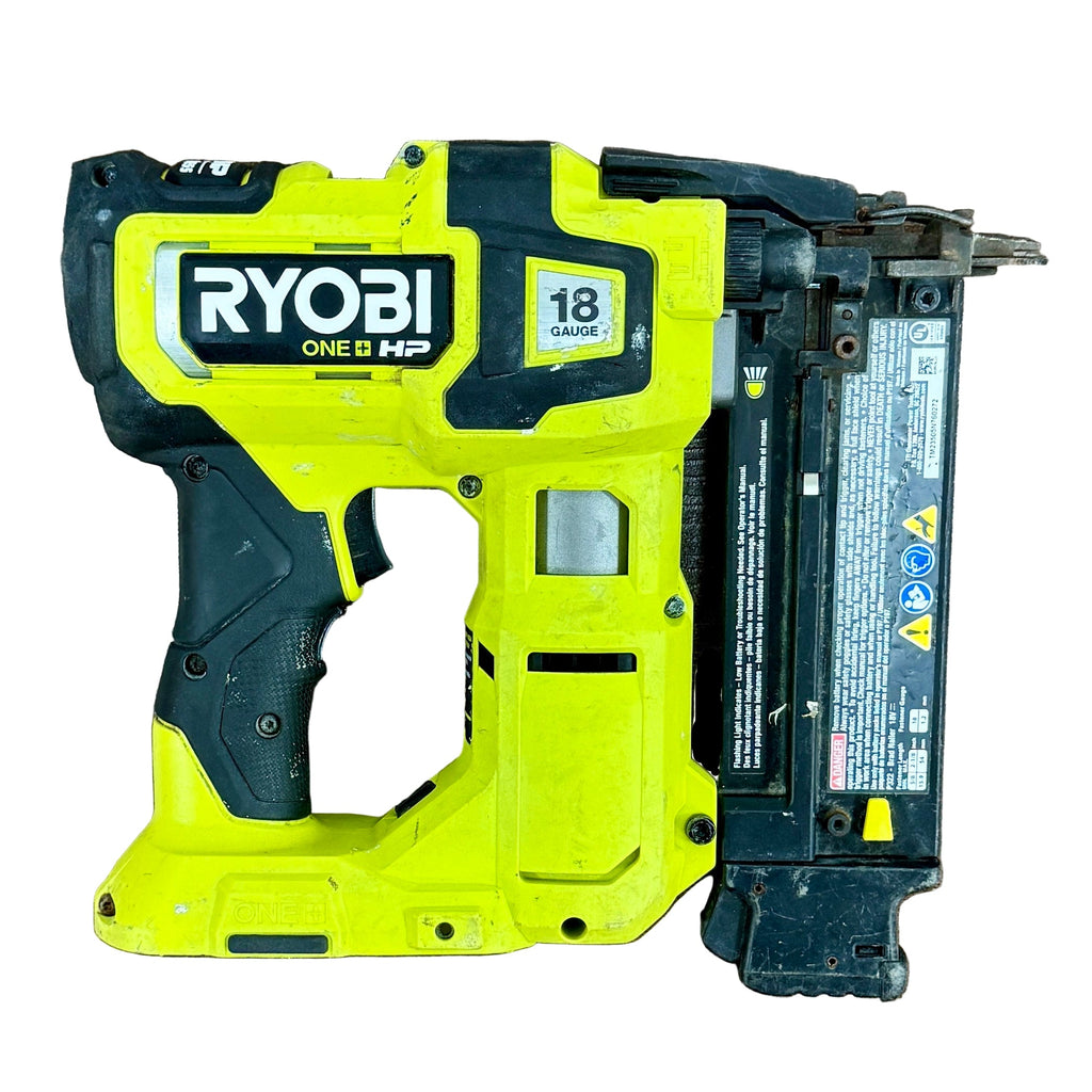 RYOBI ONE+ HP AirStrike 18V 18-Gauge 2-1/8" Brushless Cordless Brad Nailer (P322) Yellow Ryobi nail gun with battery on a wooden surface