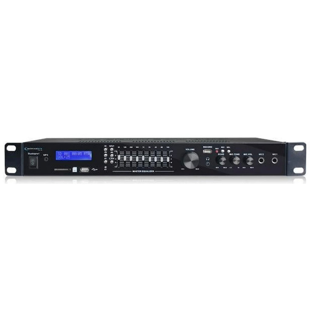 Technical Pro Studiopro1 1200W Professional Rack Mountable USB/SD Recording Studio Deck Black audio amplifier with digital display on a white background