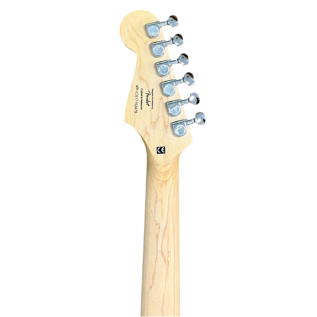 Fender Squier MINI Stratocaster Electric Guitar headstock with tuning pegs on a white background