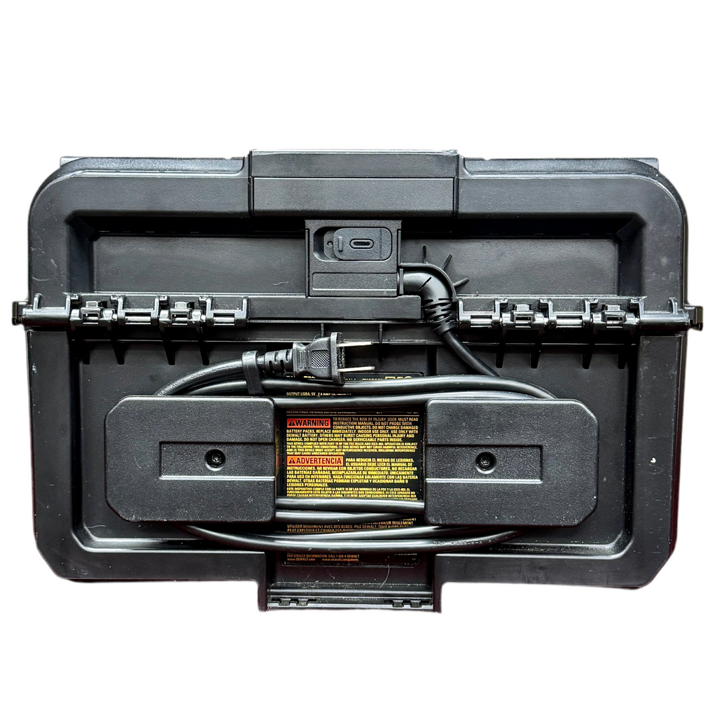 DeWalt TOUGHSYSTEM 2.0 20V MAX Dual Port Charger Box (DWST08050) Black electronic device with visible wiring and components on a white background