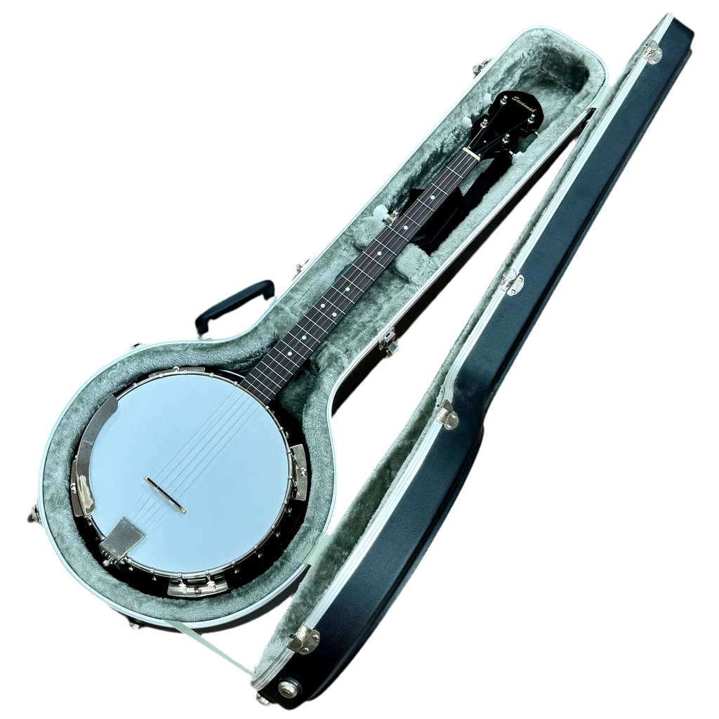 Savannah SB-095 5-String Resonator Banjo w/ Hard Case Banjo with its case on a white background