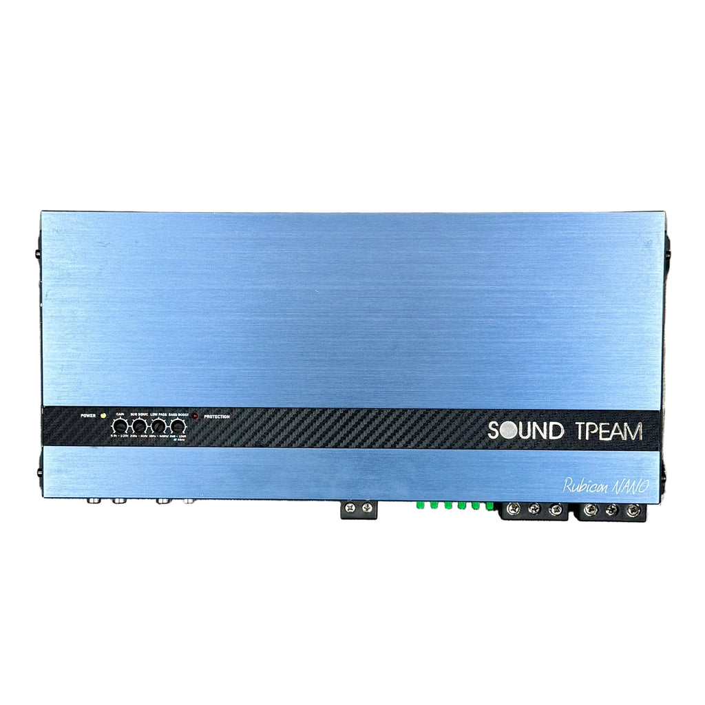 SOUNDSTREAM Rubicon NANO Series RN4-1400D 1400W Class D 4-Channel Amplifier Blue amplifier with 'SOUND TREAM' branding on a wooden floor.