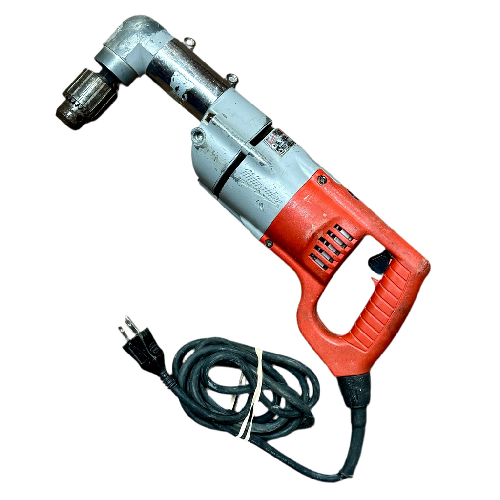 Milwaukee 7-Amp 1/2" Corded Heavy-Duty Right Angle Drill w/ Hard Case (1107-1) Red and silver drill with power cord on a white background