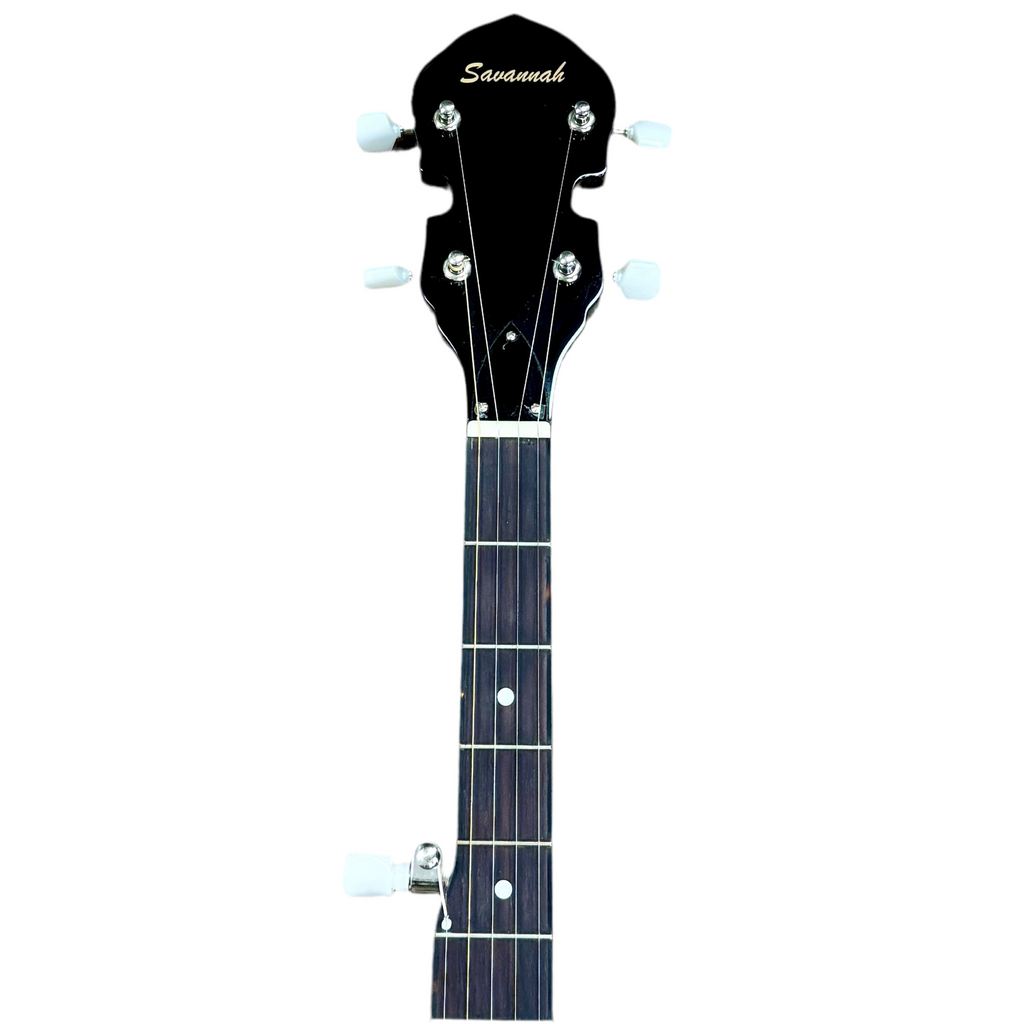 Savannah SB-095 5-String Resonator Banjo w/ Hard Case Black ukulele neck with Savannah branding on a white background