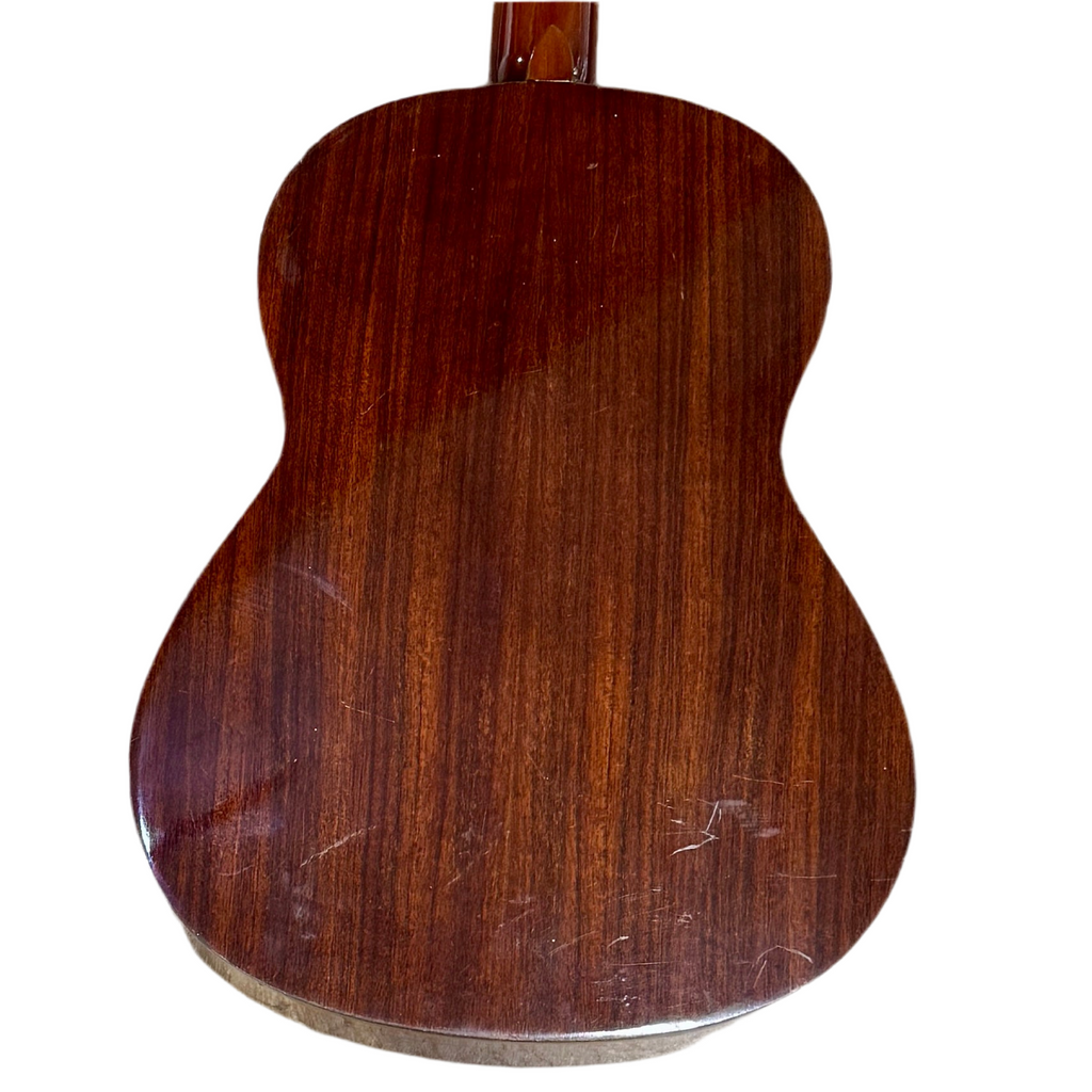 Back view of a wooden acoustic guitar on a white background