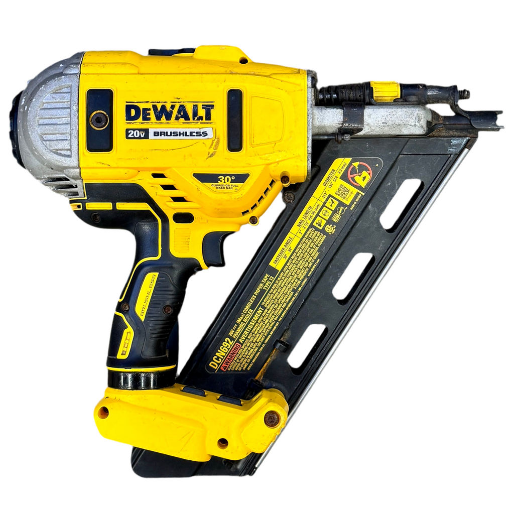 DeWalt 20V MAX 30-Degree Collated Framing Nailer (DCN692) Yellow and black Dewalt nail gun on a white background