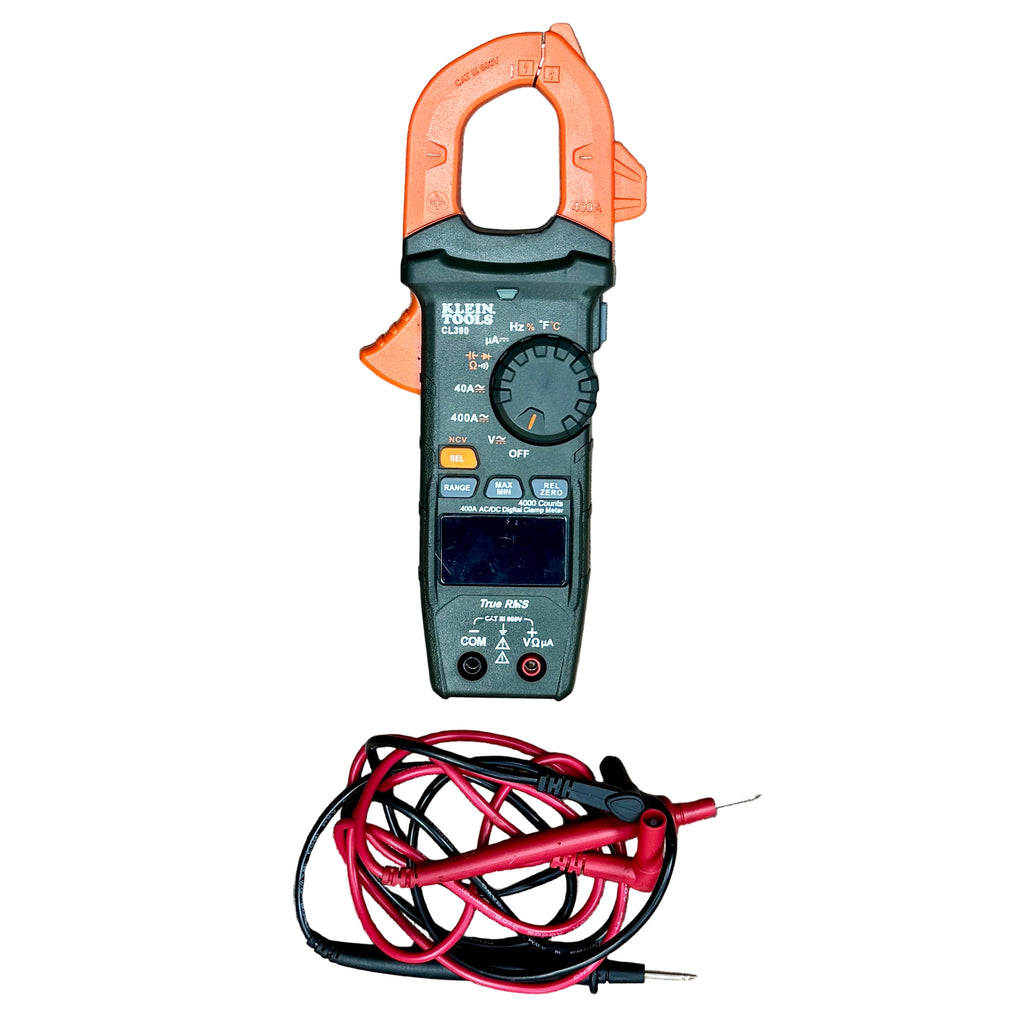 Klein Tools CL390 400A AC/DC Digital Clamp Meter w/ Case Klein Tools multimeter with clamp attachment and probes on a white background