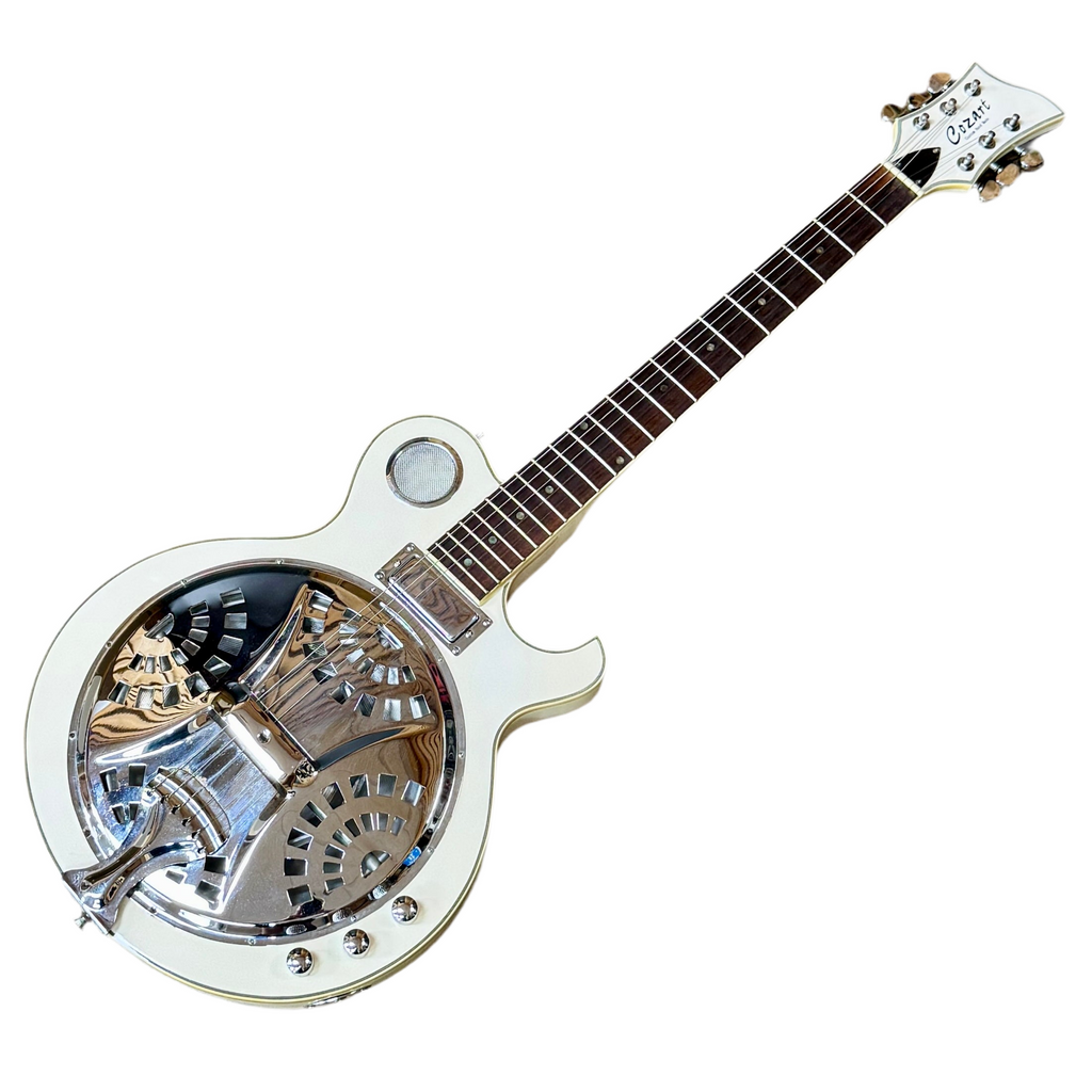 Cozart Single Cutaway Resonator Electric Guitar White resonator guitar with chrome body on a white background