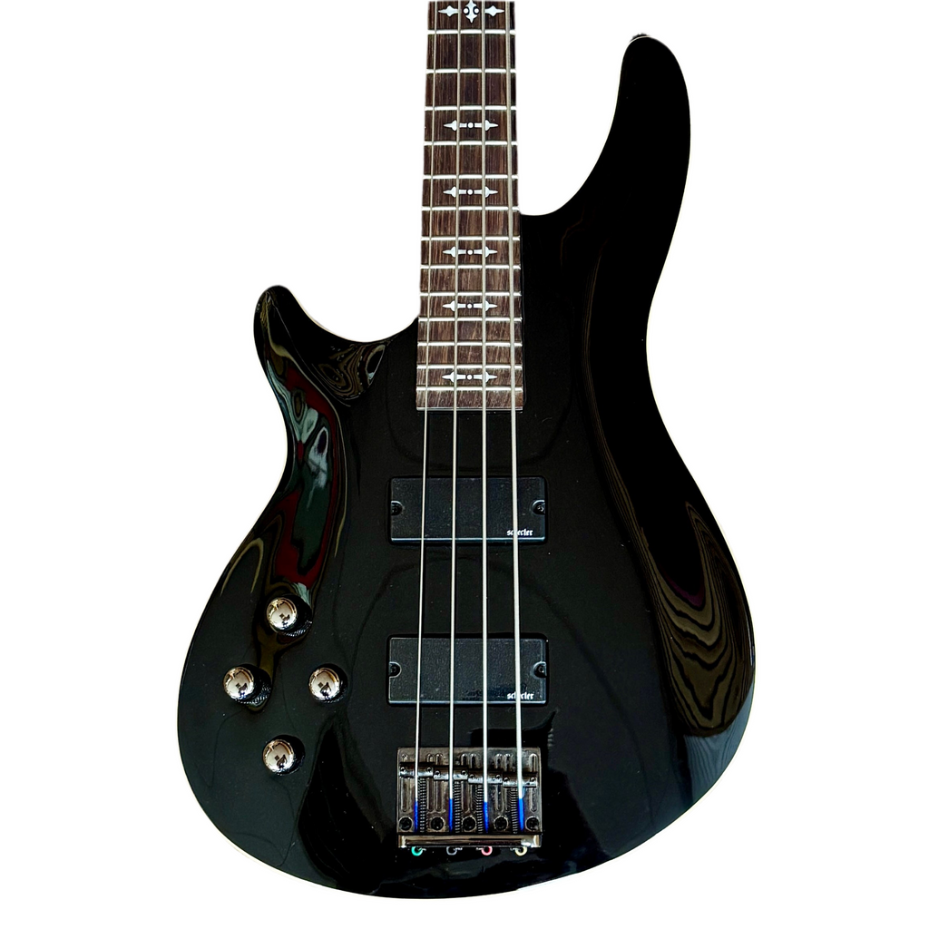 Schecter Diamond Series OMEN-4 Left-Handed Electric Bass Guitar Black electric guitar on a white background