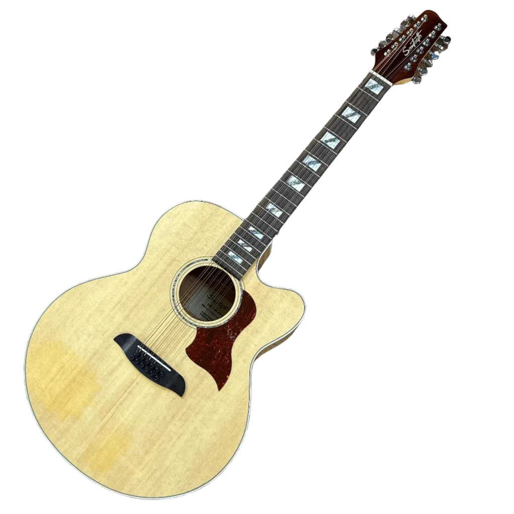 Sawtooth ST-MPL-AEJC-12 12-String Acoustic-Electric Guitar w/ Soft Case Acoustic guitar with a wooden body and dark neck on a white background