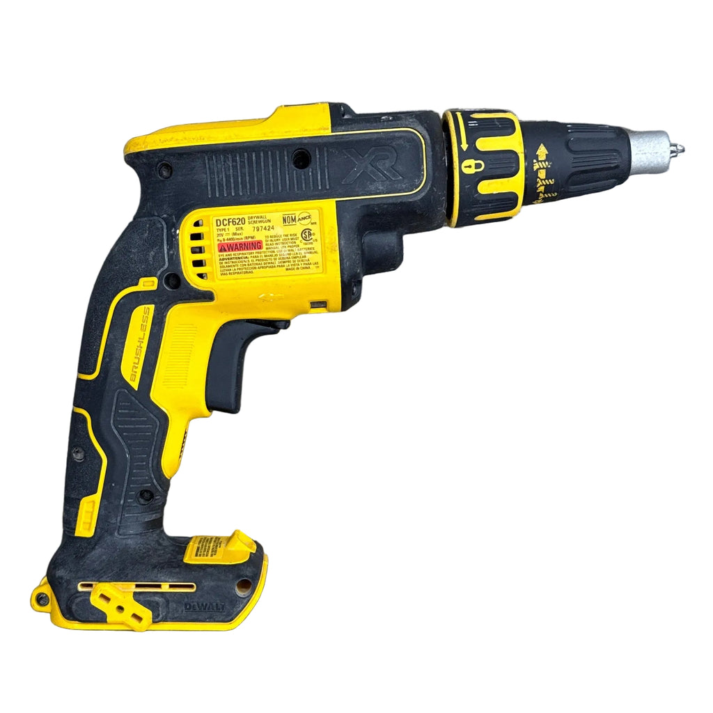 DeWalt 20V MAX XR Brushless Cordless Drywall Screwgun (DCF620) Yellow and black cordless drill on a white background