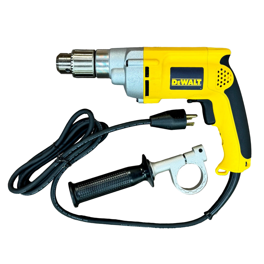 DeWalt 8.5-Amp 1/2" Corded VSR Drill (DW235G) Yellow and black Dewalt drill on a wooden surface with attachments.
