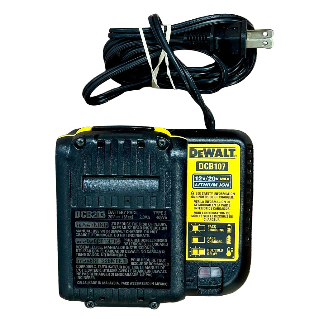 DeWalt ATOMIC 20V MAX 1/2" Brushless Cordless Drill/Driver w/ Battery & Charger (DCD794) DeWalt battery charger with power cord on a wooden surface