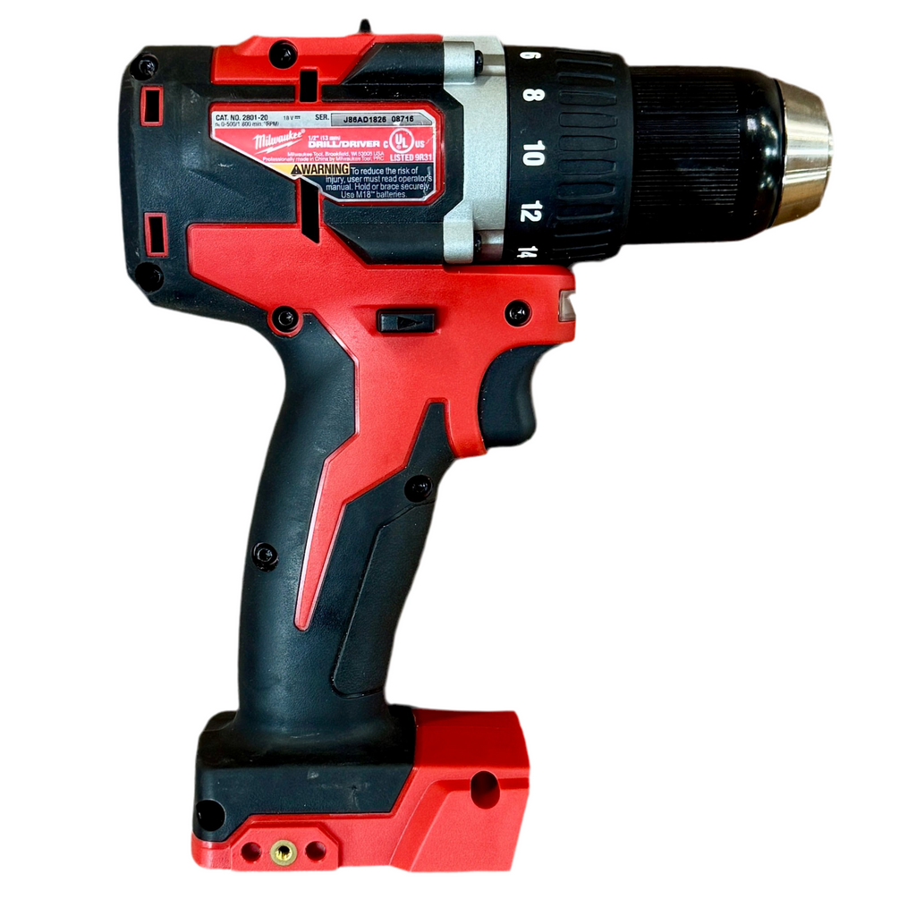 Milwaukee M18 18V 1/2" Compact Brushless Drill/Driver (2801-20) Red and black cordless drill on a white background