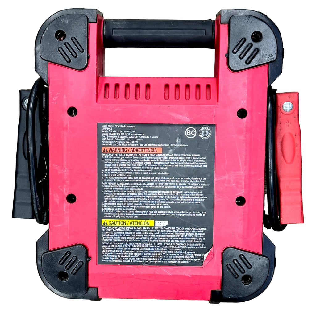 EverStart 750 Peak Amps Jump Starter / 120 PSI Air Compressor / 2.1A USB Power (JUS750CE) Red and black tool box on a wooden surface