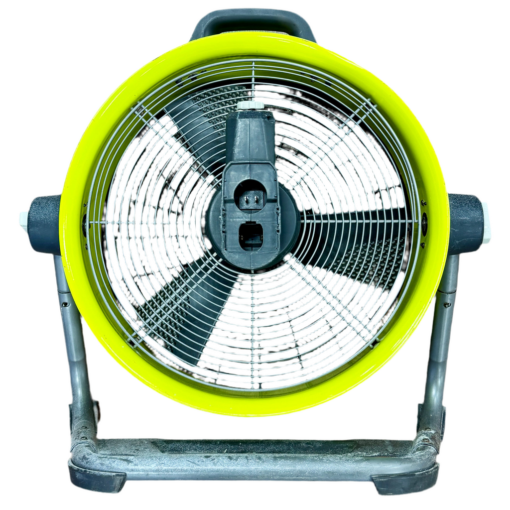 RYOBI ONE+ 18V 18" Cordless Air Cannon Drum Fan w/ Battery (P3340) Industrial fan with a bright yellow rim on a white background