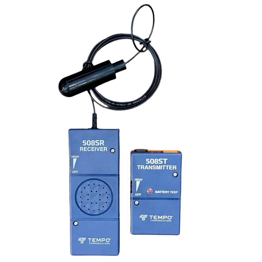 Tempo Communications 508S-G Irrigation Cable Locator & Wire Finder w/ Hard Case Blue receiver and transmitter set with cable on a white background, branded 'Tempo Communications'.